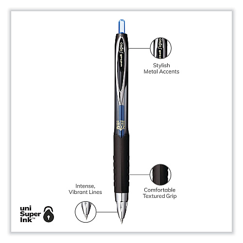 uni-ball 207 Signo Gel Ultra Micro Gel Pen, Retractable, Extra-Fine 0.38 mm, Blue Ink, Clear/Black Barrel (1790923)