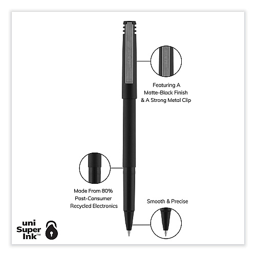 uni-ball Roller Ball Pen, Stick, Extra-Fine 0.5 mm, Black Ink, Black Barrel, 36/Pack (1921065)