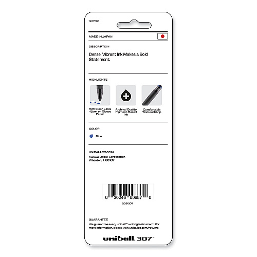 uni-ball 307 Gel Pen, Retractable, Medium 0.7 mm, Blue Ink, Blue Barrel, 3/Pack (1927593)