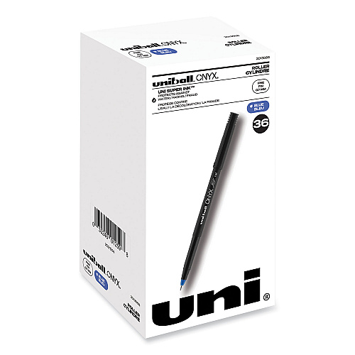 uni-ball ONYX Roller Ball Pen, Stick, Fine 0.7 mm, Blue Ink, Black/Blue Barrel, 72/Pack (2013568)