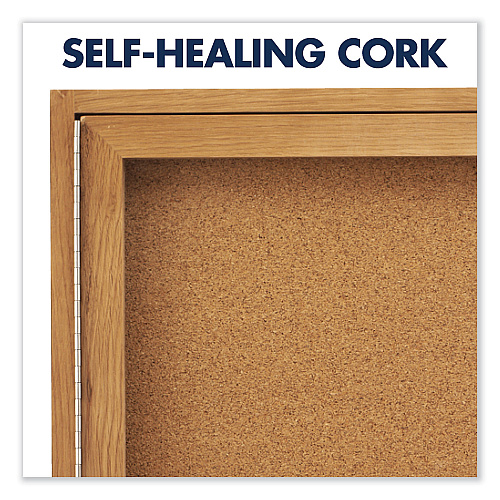 Quartet Enclosed Indoor Cork Bulletin Board with Two Hinged Doors, 48 x 36, Tan Surface, Oak Fiberboard Frame (364)