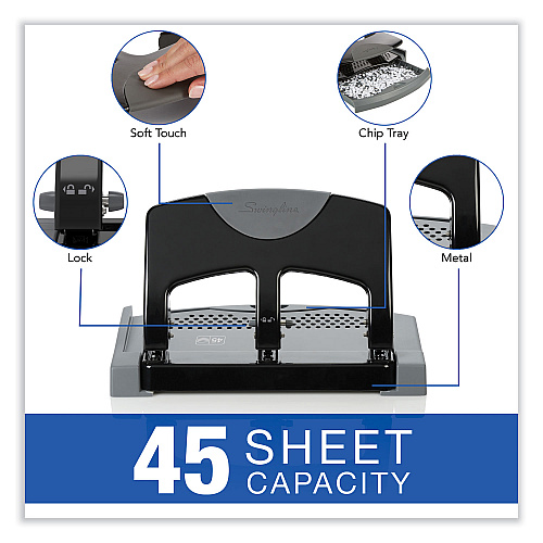 Swingline 45-Sheet SmartTouch Three-Hole Punch, 9/32" Holes, Black/Gray (74136)