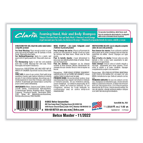 Betco Foaming Hand, Hair and Body Shampoo, Fresh Scent, 1,000 mL, 6/Carton (7532900)