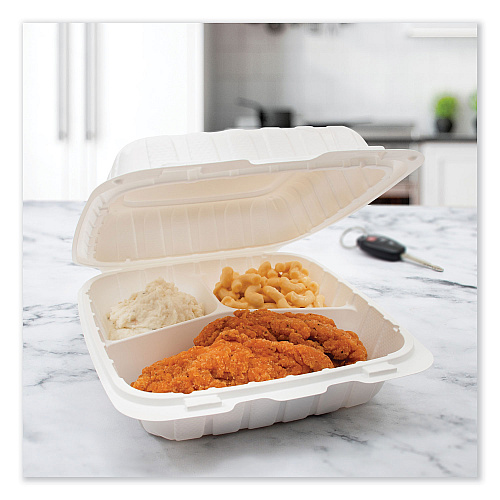 Dart Hinged Lid Containers, 3-Compartment, 9 x 8.75 x 3, White, Plastic, 150/Carton (90MFPPHT3R)