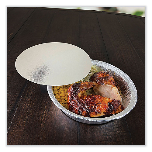 Boardwalk&reg; Round Aluminum To-Go Container Lids, Flat Lid, 9", Silver, Paper, 500/Carton (BWKROUND9FLID)