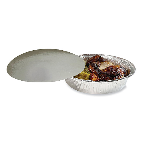 Boardwalk&reg; Round Aluminum To-Go Container Lids, Flat Lid, 9", Silver, Paper, 500/Carton (BWKROUND9FLID)