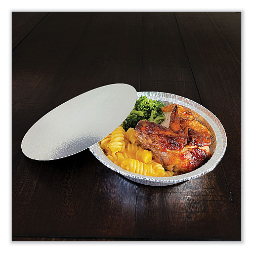 Boardwalk&reg; Round Aluminum To-Go Containers with Lid, 24 oz, 7" Diameter x 1.47"h, Silver 200/Carton (BWKROUND7COMBO)