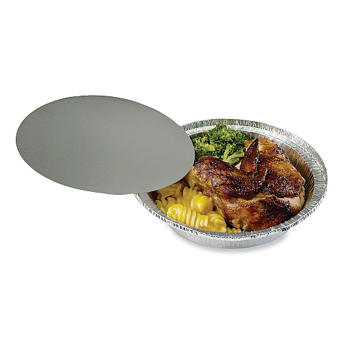 Boardwalk&reg; Round Aluminum To-Go Containers with Lid, 24 oz, 7" Diameter x 1.47"h, Silver 200/Carton (BWKROUND7COMBO)