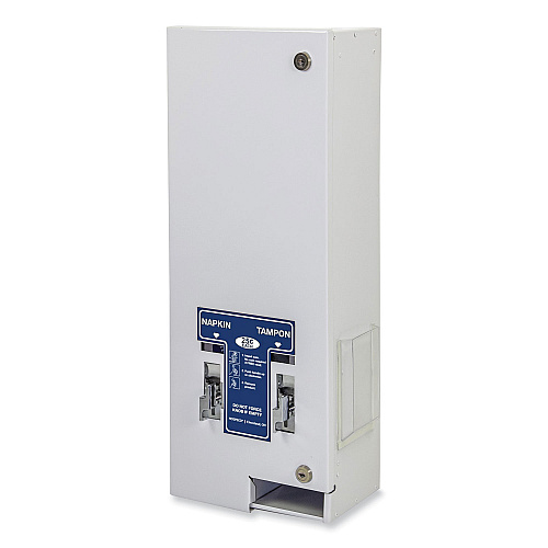 HOSPECO Dual Sanitary Napkin/Tampon Dispenser, 25 Cent Coin Mechanism, 11.13 x 7.63 x 26.38, White/Blue (125)