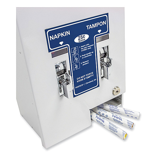 HOSPECO Dual Sanitary Napkin/Tampon Dispenser, 25 Cent Coin Mechanism, 11.13 x 7.63 x 26.38, White/Blue (125)