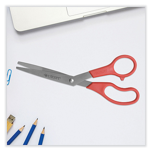 Westcott Value Line Stainless Steel Shears, 8" Long, 3.5" Cut Length, Crane-Style Red Handle (10703)