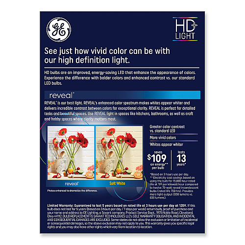 GE Reveal HD+ LED A19 Light Bulb, 8.5 W, 4/Pack (93127795)