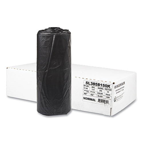 Inteplast Group Low-Density Commercial Can Liners, 60 gal, 1.5 mil, 38" x 58", Black, Interleaved Roll, 20 Bags/Roll, 5 Rolls/Carton (SL3858150K)