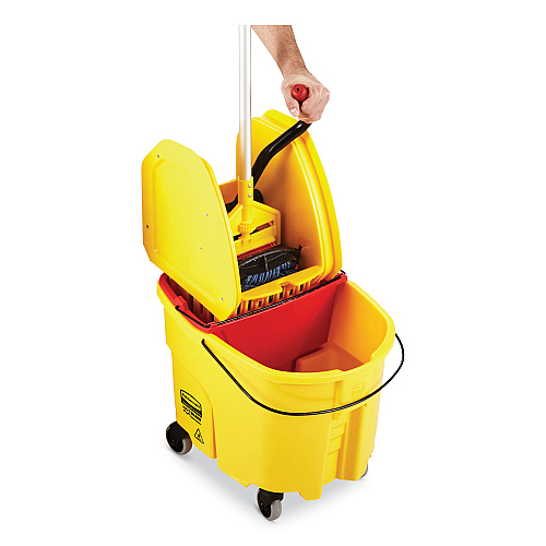 Rubbermaid Commercial WaveBrake 2.0 Bucket/Wringer Combos, Down-Press, 35 qt, Plastic, Yellow (FG757788YEL)