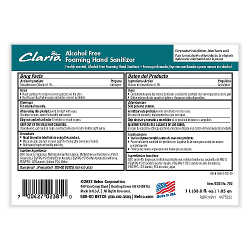 Betco Clario Alcohol Free Foaming Hand Sanitizer, 1,000 mL Bag, Fresh, 6/Carton (7522900)
