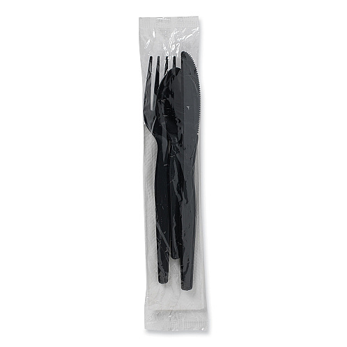 Dixie Individually Wrapped Heavyweight Cutlery Set, Fork/Knife/Napkin/Spoon, Plastic, Black, 250/Carton (CH56NC7)