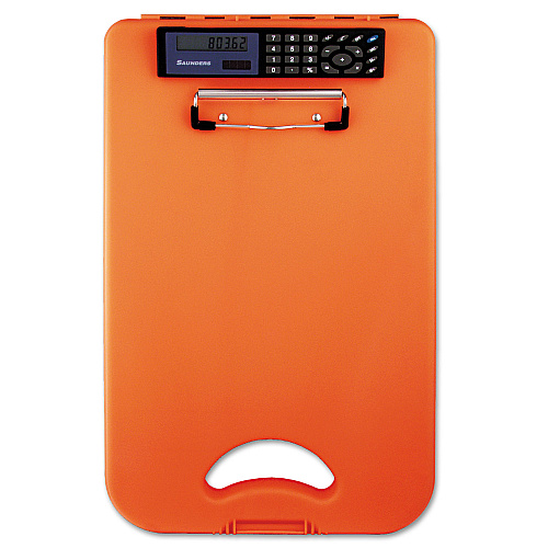 Saunders DeskMate II with Calculator, 0.5" Clip Capacity, Holds 8.5 x 11 Sheets, Hi-Vis Orange (00543)