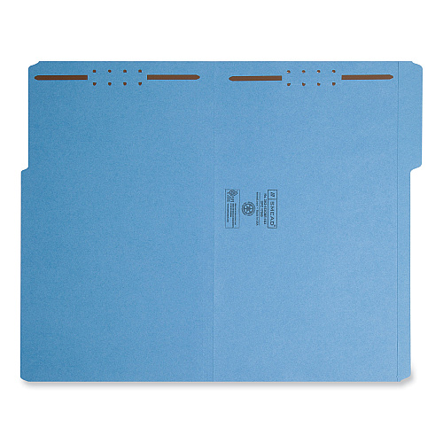 Smead Top Tab Colored Fastener Folders, 0.75" Expansion, 2 Fasteners, Legal Size, Blue Exterior, 50/Box (17040)