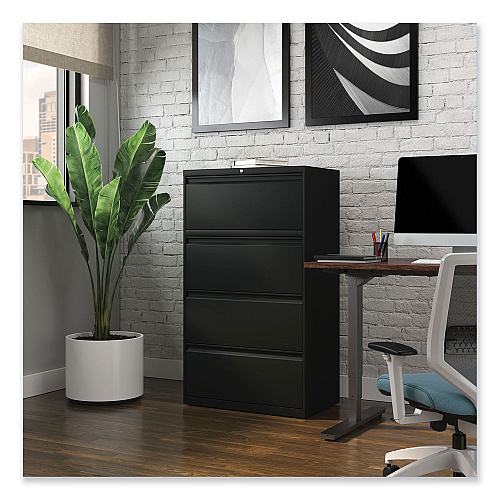 Alera Lateral File, 4 Legal/Letter-Size File Drawers, Black, 30" x 18.63" x 52.5" (ALEHLF3054BL)