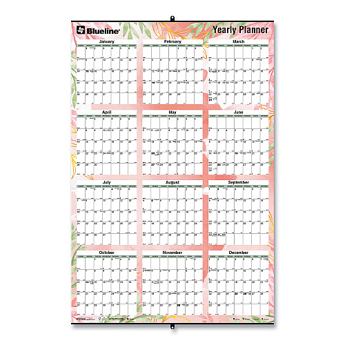 Blueline Yearly Laminated Wall Calendar, Passion Floral Artwork, 36 x 24, White/Multicolor Sheets, 12-Month (Jan to Dec): 2026 (C171920)