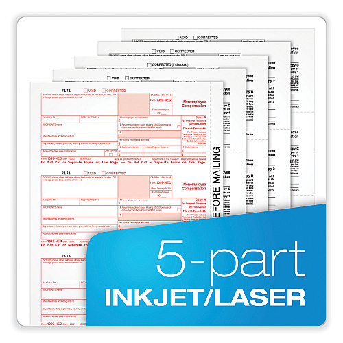 Adams 1099-NEC + 1096 Tax Form Bundle, Inkjet/Laser, Fiscal Year: 2023, 5-Part, 8.5 x 3.67, 3 Forms/Sheet, 24 Forms Total (X5241NEC22)