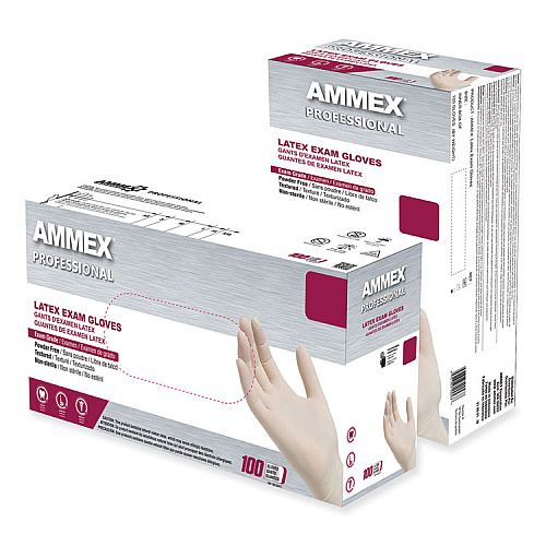 AMMEX Professional Latex Exam Gloves, Powder-Free, Small, 4 mil (Palm), 5 mil (Fingers), Ivory, 100/Box (GPPFT42100)