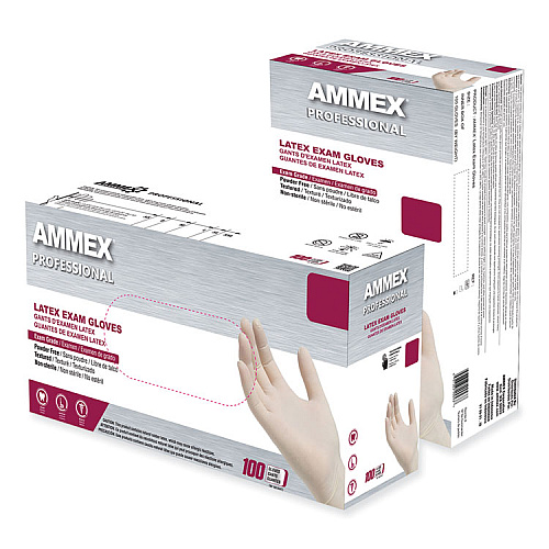 AMMEX Professional Latex Exam Gloves, Powder-Free, Medium, 4 mil (Palm), 5 mil (Fingers), Ivory, 100/Box (GPPFT44100)