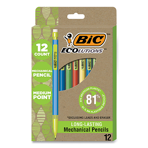 BIC ReVolution Mechanical Pencil, 0.7 mm, HB (#2), Black Lead, Assorted Barrel Colors, 12/Pack (MPE12BLK)