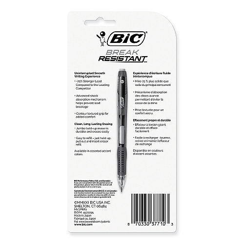 BIC Break-Resistant Mechanical Pencils with Erasers, 0.7 mm, HB (#2), Black Lead, Assorted Barrel Colors, 2/Pack (MV7PRP2BLK)