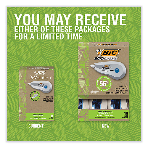 BIC Wite-Out Brand Ecolutions Correction Tape, Non-Refillable, White, 0.2" x 19.8 ft, 10/Pack (WOET10WHI)