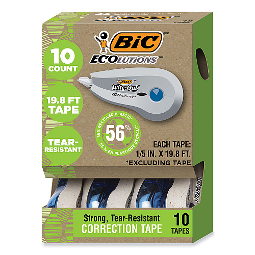 BIC Wite-Out Brand Ecolutions Correction Tape, Non-Refillable, White, 0.2" x 19.8 ft, 10/Pack (WOET10WHI)