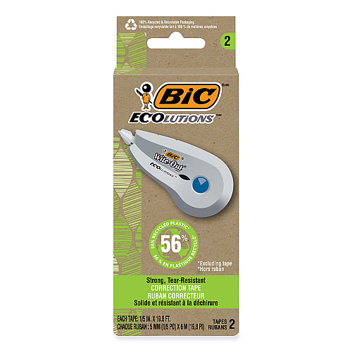 BIC Wite-Out Brand Ecolutions Correction Tape, Non-Refillable, White,  0.2" x 19.8 ft, 2/Pack (WOET21WHI)