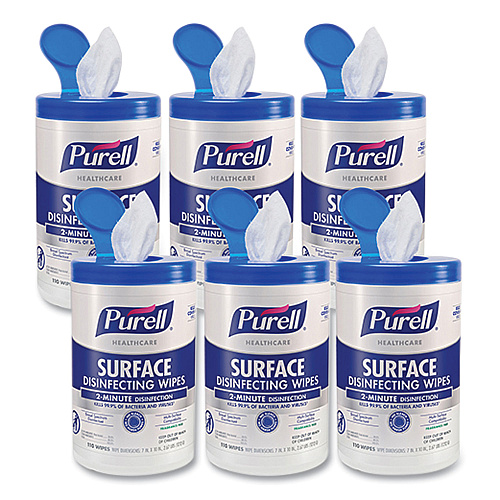 PURELL Healthcare Surface Disinfecting Wipes, 1-Ply, 7" x 10", Unscented, White, 110 Wipes/Canister, 6 Canisters/Carton (934006)