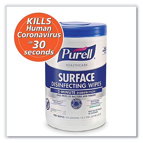 PURELL Healthcare Surface Disinfecting Wipes, 1-Ply, 7" x 10", Unscented, White, 110 Wipes/Canister, 6 Canisters/Carton (934006)