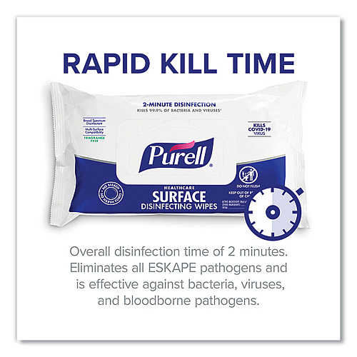 PURELL Healthcare Surface Disinfecting Wipes, 1-Ply, 7" x 10", Unscented, White, 72/Pack (937012)