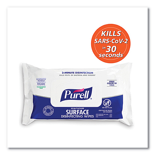 PURELL Healthcare Surface Disinfecting Wipes, 1-Ply, 7" x 10", Unscented, White, 72/Pack (937012)