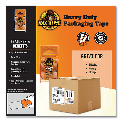Gorilla Heavy Duty Packaging Tape with Dispenser, 1.88" x 25 yds, Clear, 4/Pack (102680)