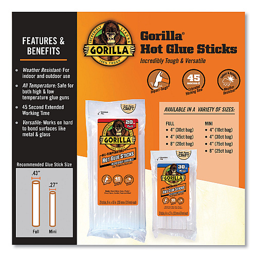 Gorilla Hot Glue Sticks, 0.43" dia x 4", Dries Clear, 45/Pack (3034502)