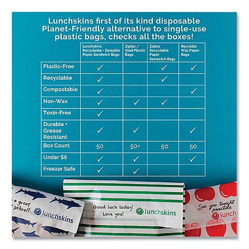 Lunchskins Peel and Seal Sandwich Bag with Closure Strip, 6.3" x 2" x 7.9", Blue Sharks/White, 50/Box (854735005904)
