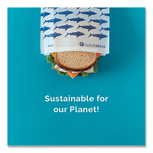 Lunchskins Peel and Seal Sandwich Bag with Closure Strip, 6.3" x 2" x 7.9", Blue Sharks/White, 50/Box (854735005904)