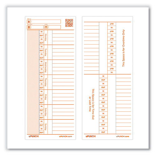 uPunch Time Card for PK1100 Time Clock, Two Sides, 3.38 x 8.25, 100/Pack (C1100)
