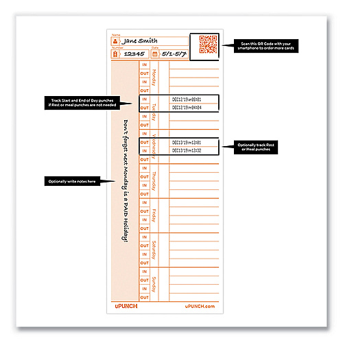 uPunch Time Card for PK1100 Time Clock, Two Sides, 3.38 x 8.25, 100/Pack (C1100)