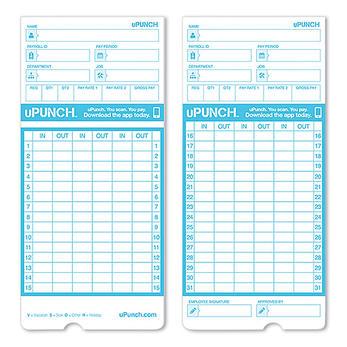 uPunch Pay-to-Punch Time Card for SB1200 Time Clock, Two Sides, 3.38 x 7.38, 100/Pack (CB1100)