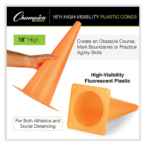 Champion Sports High-Visibility Plastic Cones, 18" Tall, Florescent Orange, 8" x 8" Base (TC18)