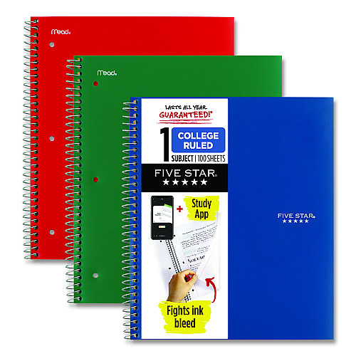 Five Star Wirebound Notebook with Two Pockets, 1-Subject, Medium/College Rule, Assorted Cover Color, (100) 11 x 8.5 Sheets, 3/Pack (820189)