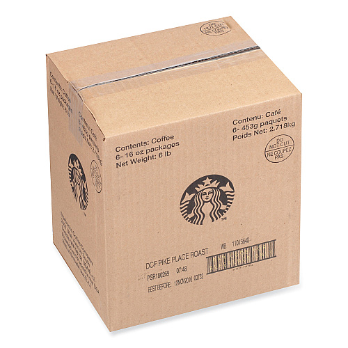 Starbucks Whole Bean Coffee, Decaffeinated, Pike Place, 1 lb, Bag, 6/Carton (12540222CT)
