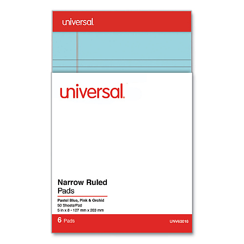 Universal Perforated Ruled Writing Pads, Narrow Rule, Red Headband, 50 Assorted Pastels 5 x 8 Sheets, 6/Pack (UNV63016)