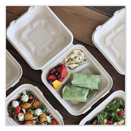 World Centric Fiber Hinged Containers, 3-Compartment, 8.8 x 8.2 x 2.9, Natural, Paper, 300/Carton (TOSCU8TLFP)