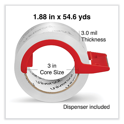 Universal Heavy-Duty Acrylic Box Sealing Tape with Dispenser, 3" Core, 1.88" x 54.6 yds, Clear, 2/Pack (UNV31102)