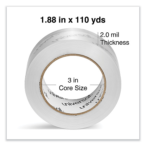 Universal Deluxe General-Purpose Acrylic Box Sealing Tape, 2 mil, 3" Core, 1.88" x 109 yds, Clear, 6/Pack (UNV53200)